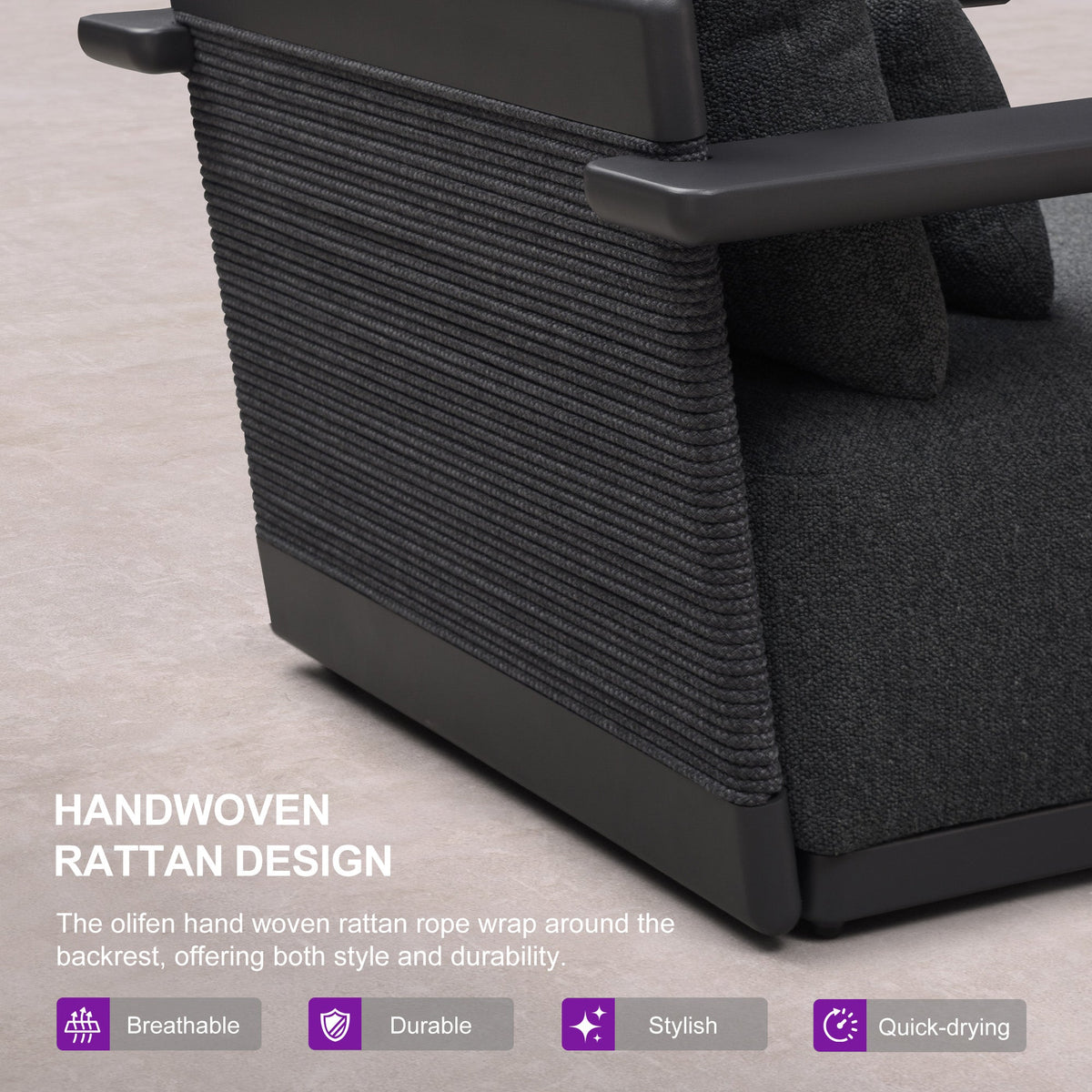 PURPLE LEAF – Chaise longue moderne rembourrée pour extérieur avec accoudoirs et coussin lombaire pour terrasse et piscine
