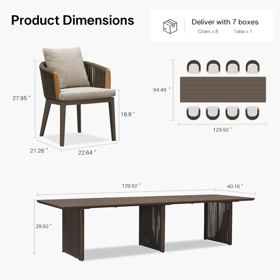 PURPLE LEAF Hailar – Ensemble repas extérieur familial avec table et chaises de terrasse en aluminium et coussins en oléfine