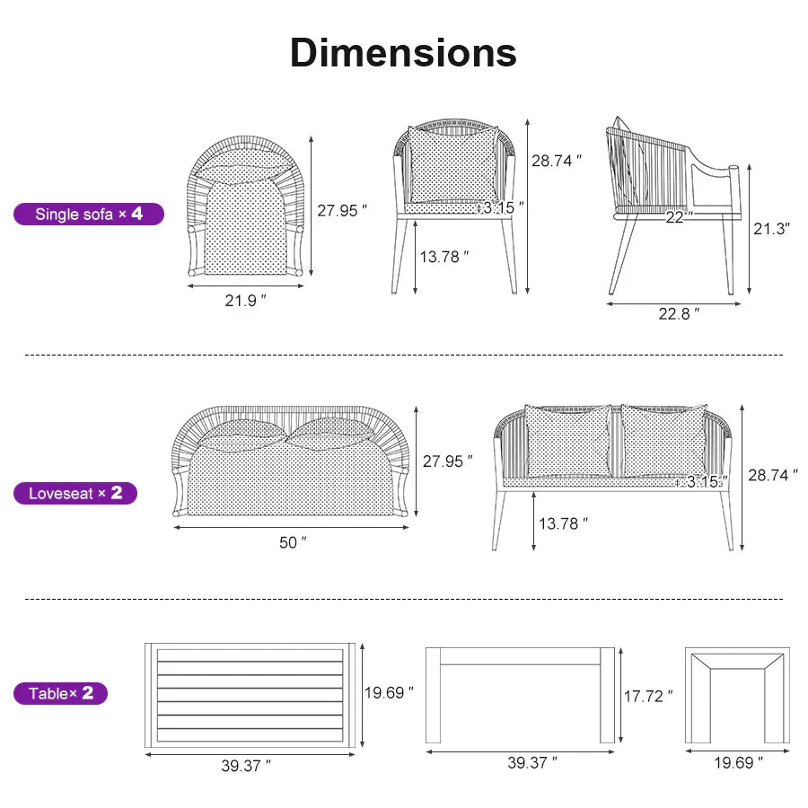 PURPLE LEAF Buler – Ensemble salon de terrasse moderne 4/8 pièces avec fauteuils en rotin, canapé et table basse pour bord de piscine