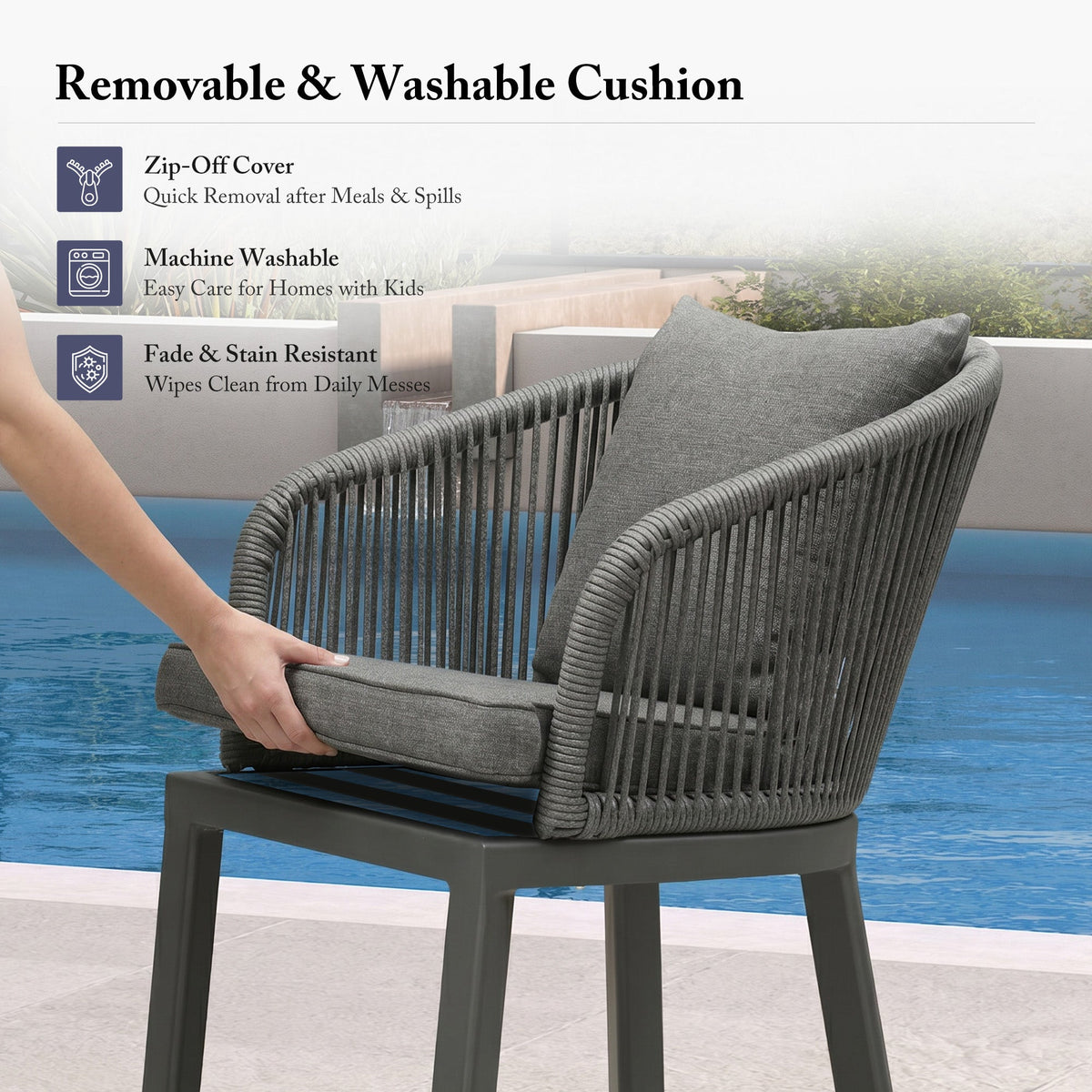 PURPLE LEAF – Tabourets de bar modernes extérieurs en aluminium et rotin avec dossier haut, accoudoirs, coussins et oreillers amovibles