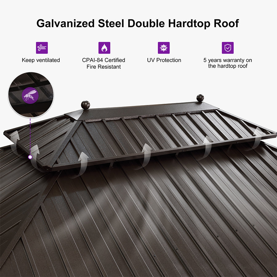 PURPLE LEAF – Pavillon extérieur à toit rigide pour terrasse, structure en aluminium bronze avec rideau bleu marine