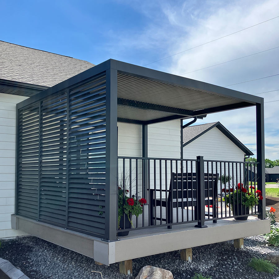 PURPLE LEAF Athena – Pergola extérieure grise en aluminium à lames orientables avec paroi à volets, réglable et étanche à la pluie