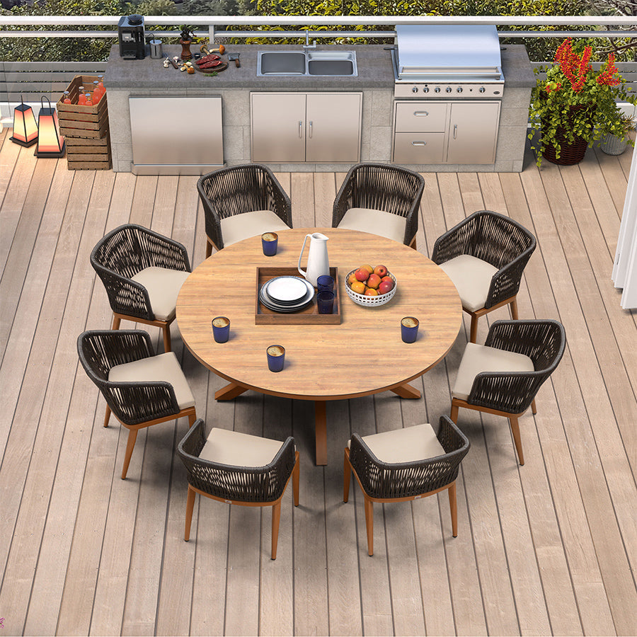 PURPLE LEAF – Ensemble repas rond de terrasse avec structure en aluminium, chaises en rotin tressé et coussins confortables