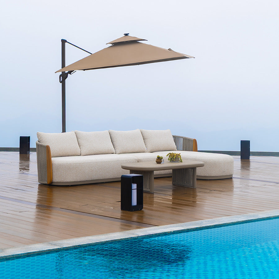PURPLE LEAF Hailar – Ensemble salon de terrasse en L avec teck véritable, coussins et oreillers, dossier en corde oléfine pour jardin et porche