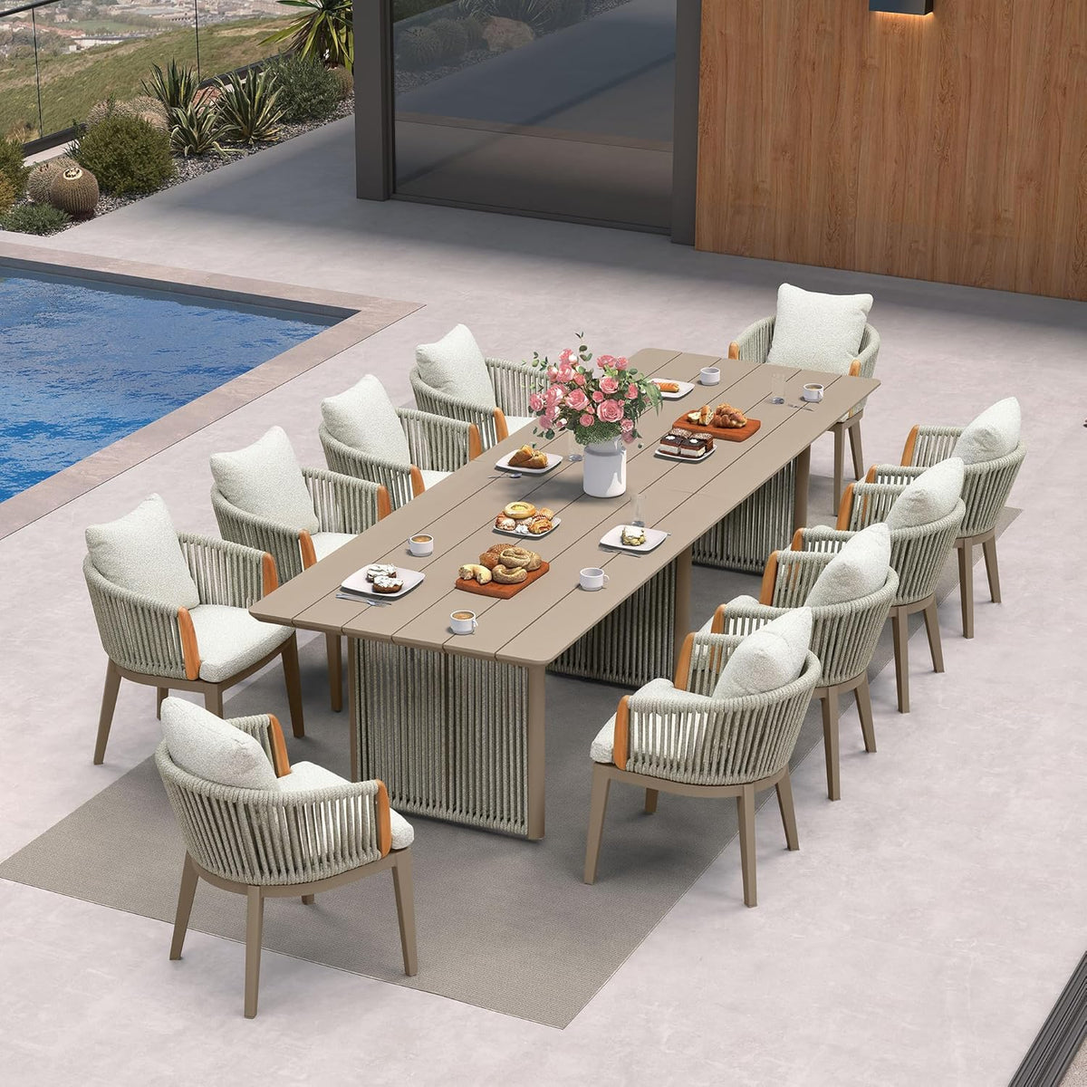 PURPLE LEAF Hailar – Ensemble repas extérieur familial avec table et chaises de terrasse en aluminium et coussins en oléfine