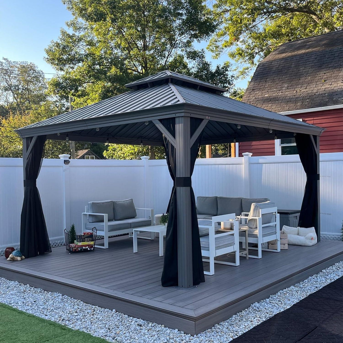 PURPLE LEAF – Pavillon de terrasse pour piscine, toit rigide gris clair en acier galvanisé avec rideaux améliorés