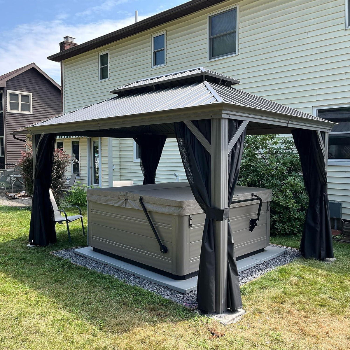 PURPLE LEAF – Pavillon de terrasse pour piscine, toit rigide gris clair en acier galvanisé avec rideaux améliorés