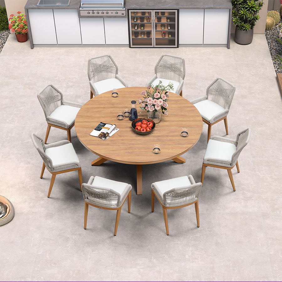 PURPLE LEAF – Ensemble repas extérieur rond en aluminium avec table ronde, chaises en résine tressée et coussins Sunbrella