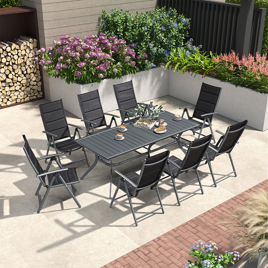 PURPLE LEAF – Ensemble repas extérieur pliant avec table en aluminium et chaises rembourrées toutes saisons pour jardin, arrière-cour et bord de piscine