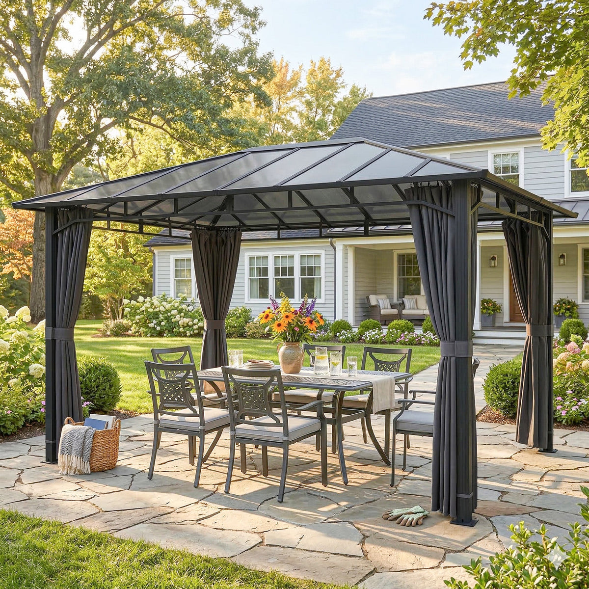 Pavillon à toit rigide 3 x 4 m avec toit en polycarbonate et rideaux, gris foncé