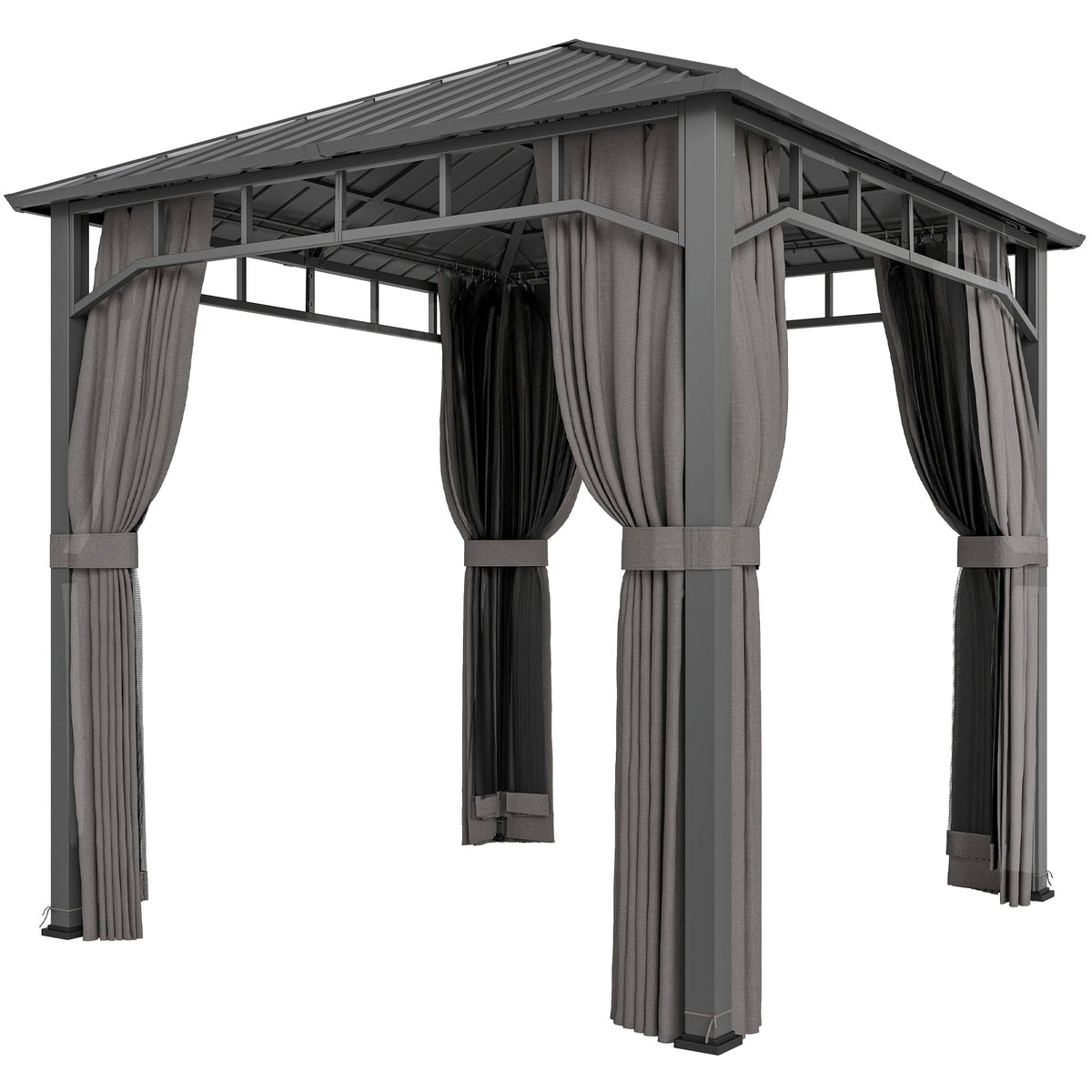 Pavillon à toit rigide 2.5 x 2.5 m avec toit galvanisé, moustiquaires et rideaux, gris foncé