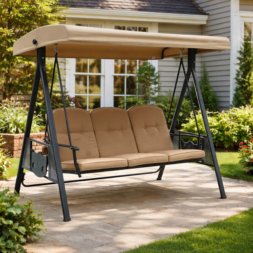 Kozyard Herbert Deluxe – Balancelle de terrasse 3 places avec support et auvent réglable, autoportante pour jardin, bord de piscine et balcon, résistante aux intempéries