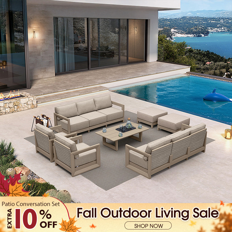 PURPLE LEAF Caesar – Ensemble salon de terrasse fermé avec coussins et oreillers kaki et ottoman pour porche et jardin
