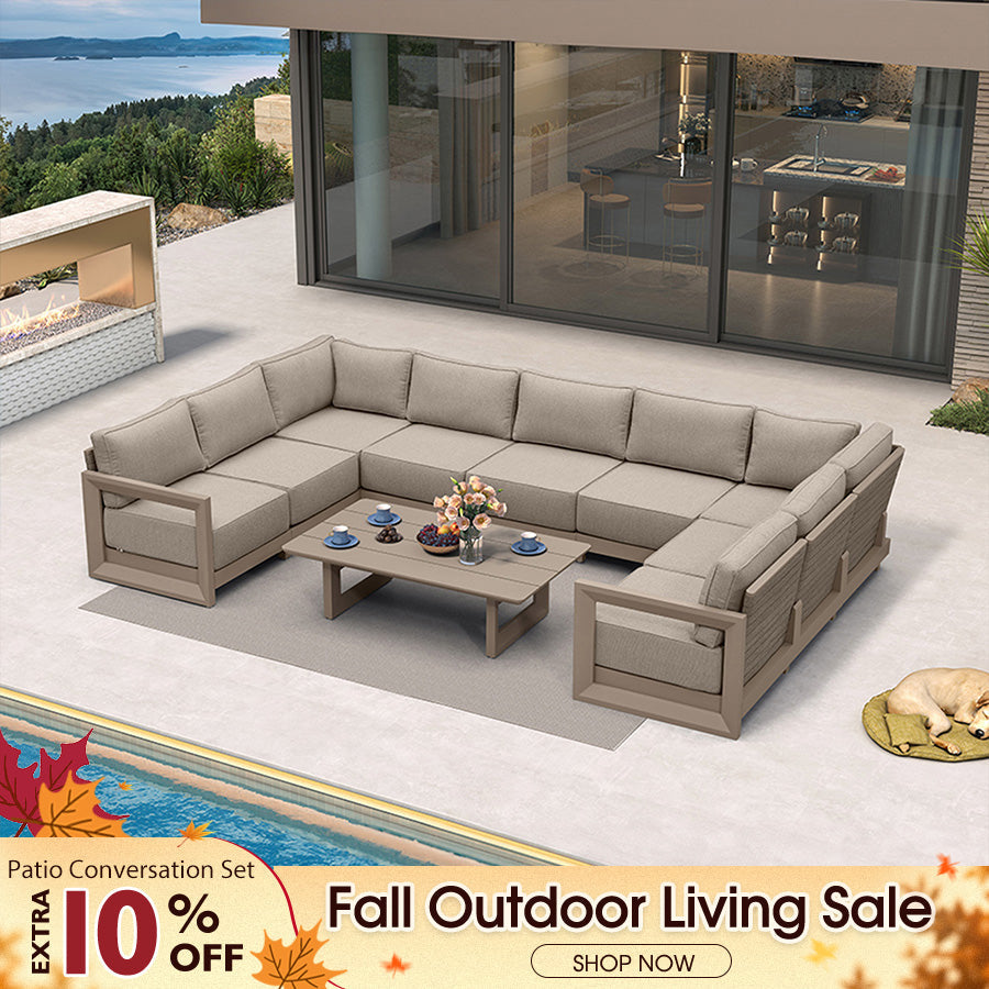 PURPLE LEAF Caesar – Ensemble salon de terrasse en U avec coussins et oreillers kaki, canapé et ottoman