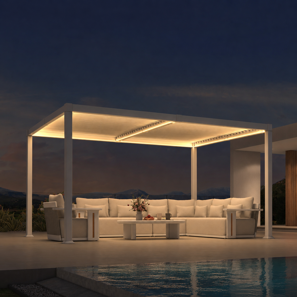 PURPLE LEAF Caesar LED – Pergola à lames orientables en aluminium avec rubans solaires intégrés, lames réglables et résistance au vent, blanc