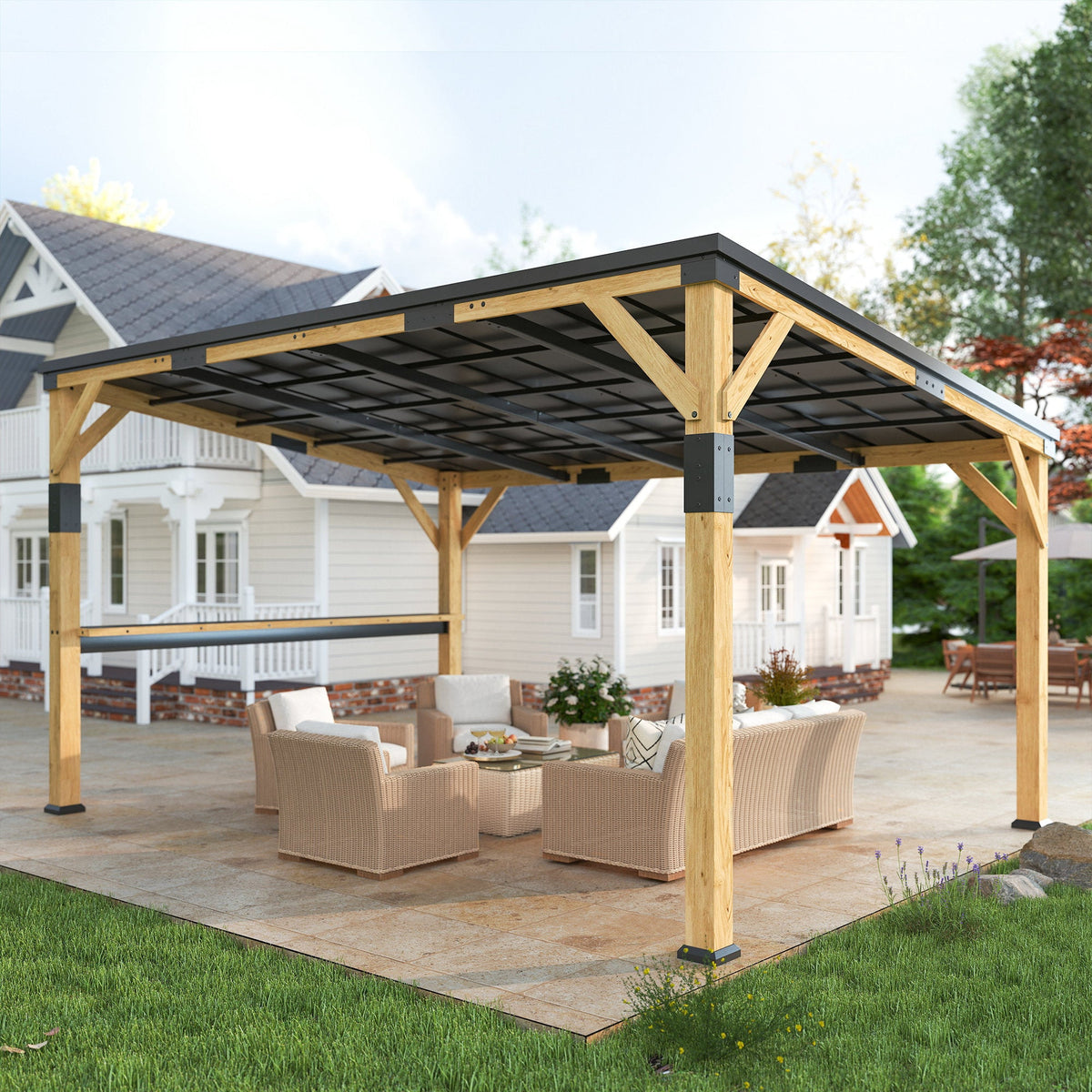 PerArbor 10' x 14' – Pavillon adossé en bois avec toit incliné en acier galvanisé et tablette de bar