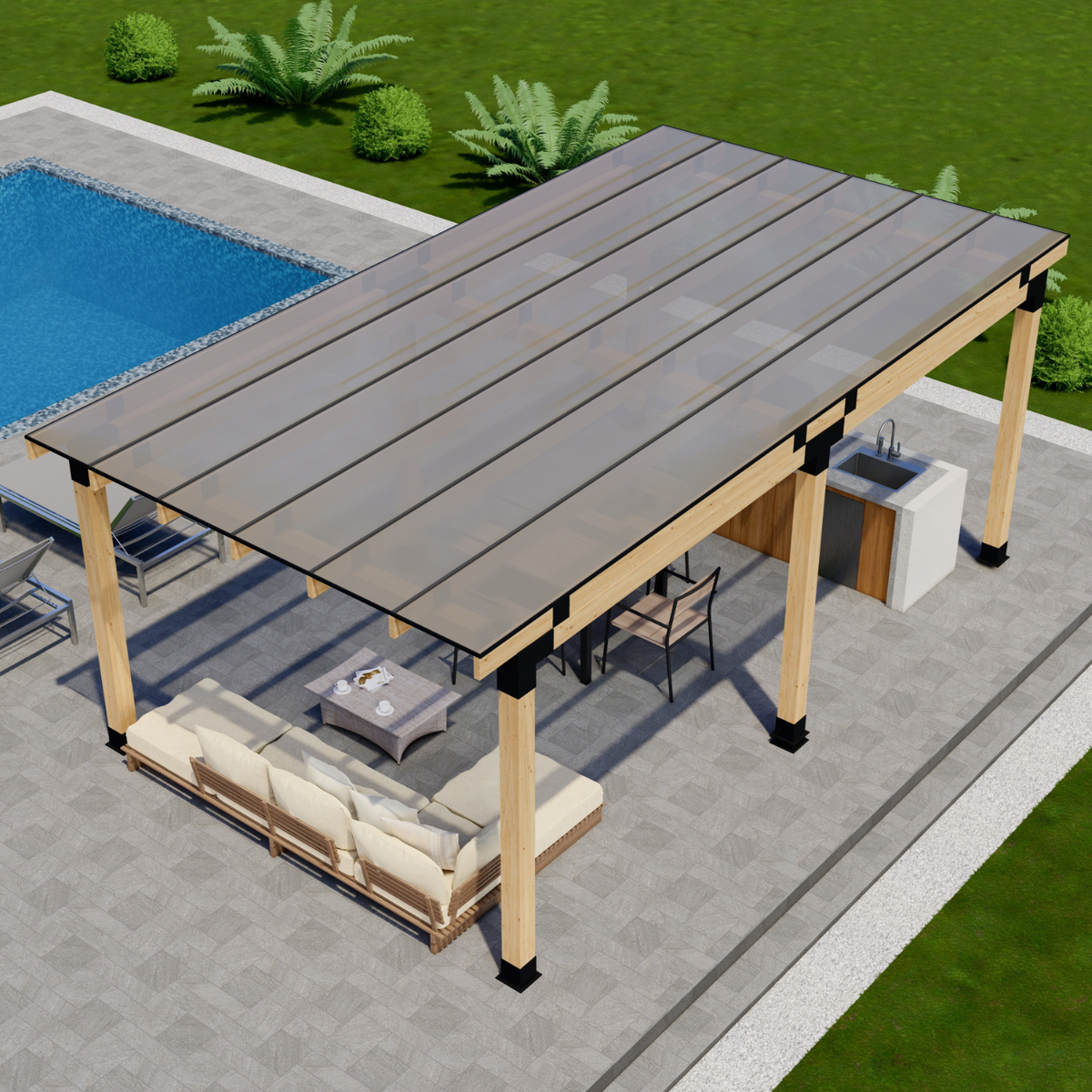 Kit DIY de couverture extérieure sur mesure (supports en acier + toit en polycarbonate)