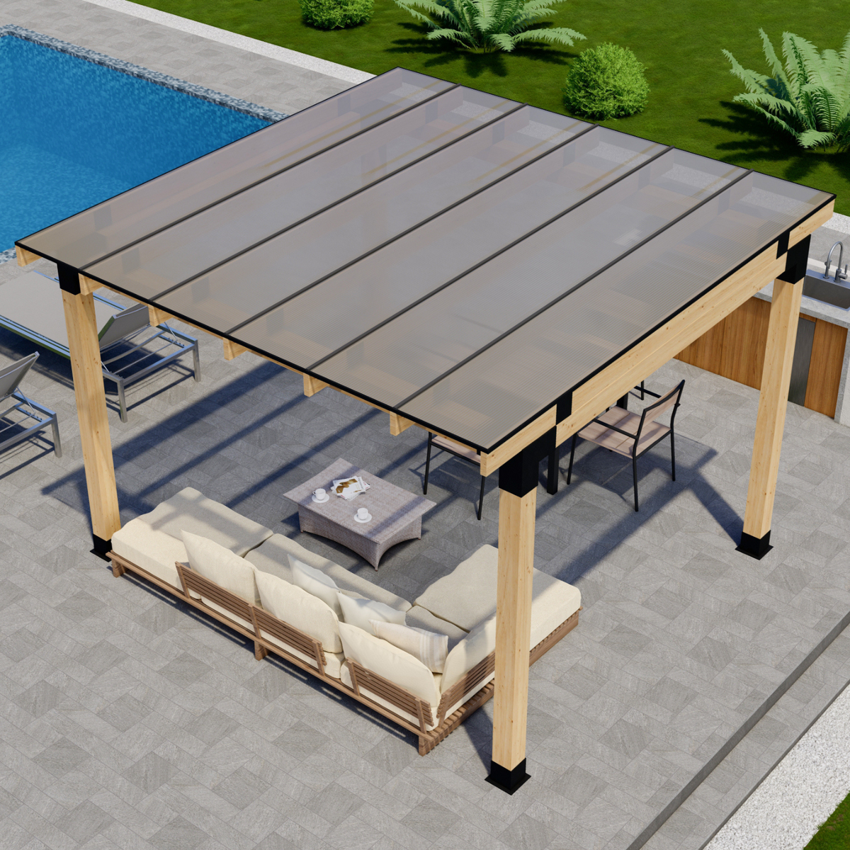 Couverture de terrasse à toit transparent (ou toit blanc ou bronze)