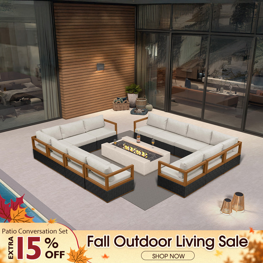 PURPLE LEAF Griffin – Ensemble salon de terrasse en L noir avec coussins, oreillers, ottoman et cuir Premium pour terrasse et balcon