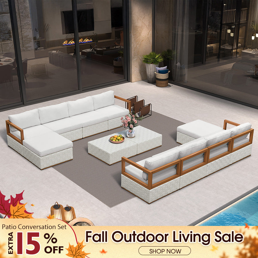 PURPLE LEAF Griffin – Ensemble salon de terrasse symétrique blanc avec coussins, oreillers, ottoman et cuir Premium