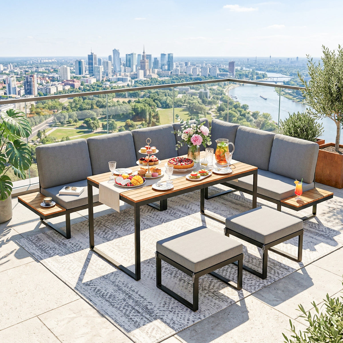 FlexNook – Ensemble canapé d’angle 6 pièces pour 6-8 personnes, structure en aluminium avec coussins, gris