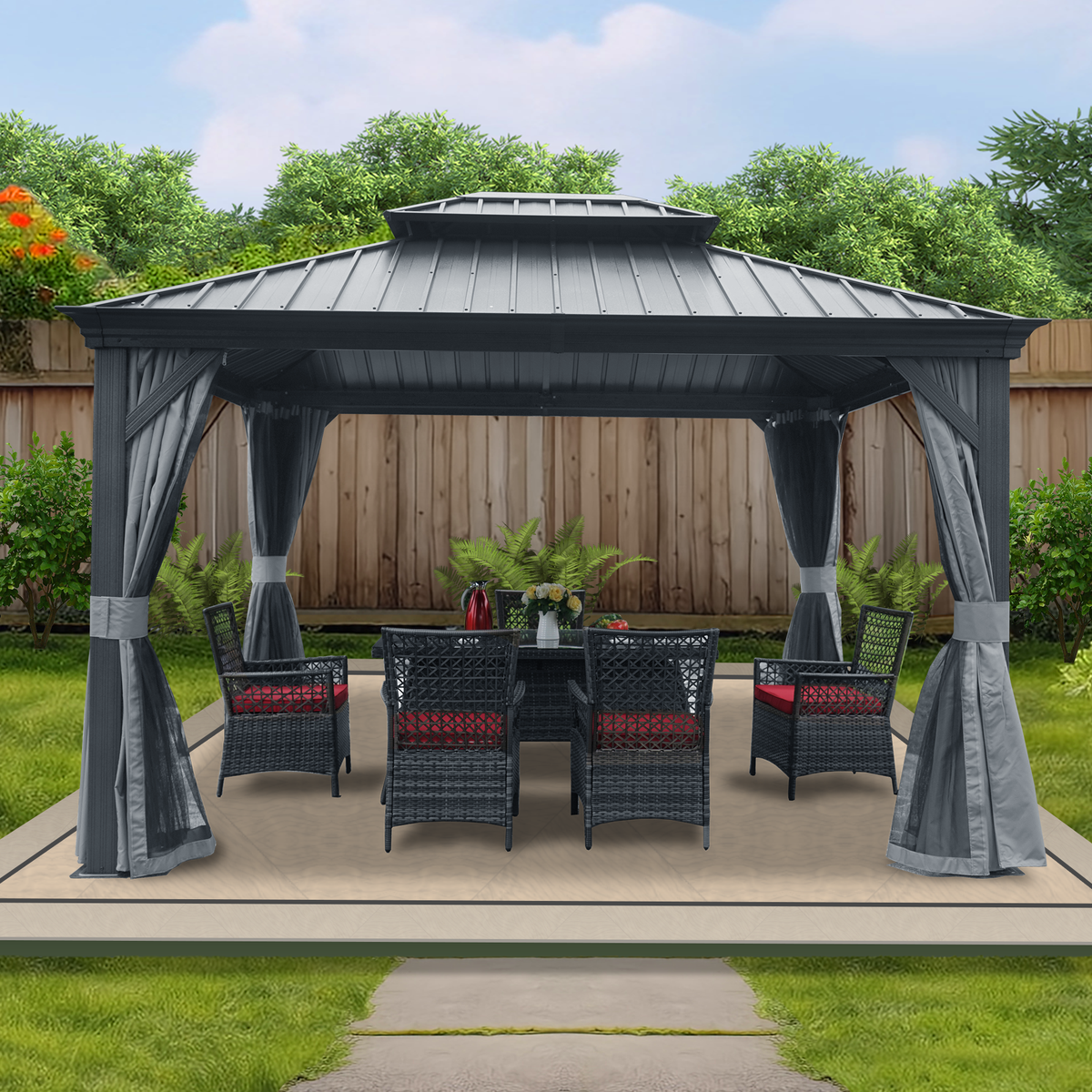 Kozyard Alexander 12' x 12' – Pavillon à toit rigide avec structure en aluminium, double toit en acier galvanisé, rideaux et moustiquaires, gris