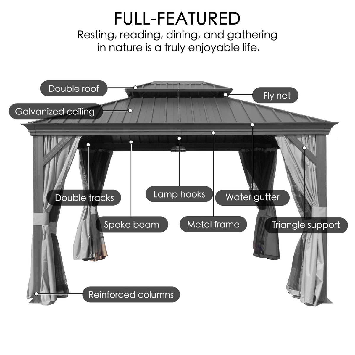 Kozyard Alexander 12' x 14' – Pavillon à toit rigide avec structure en aluminium, double toit en acier galvanisé, rideaux et moustiquaires, gris