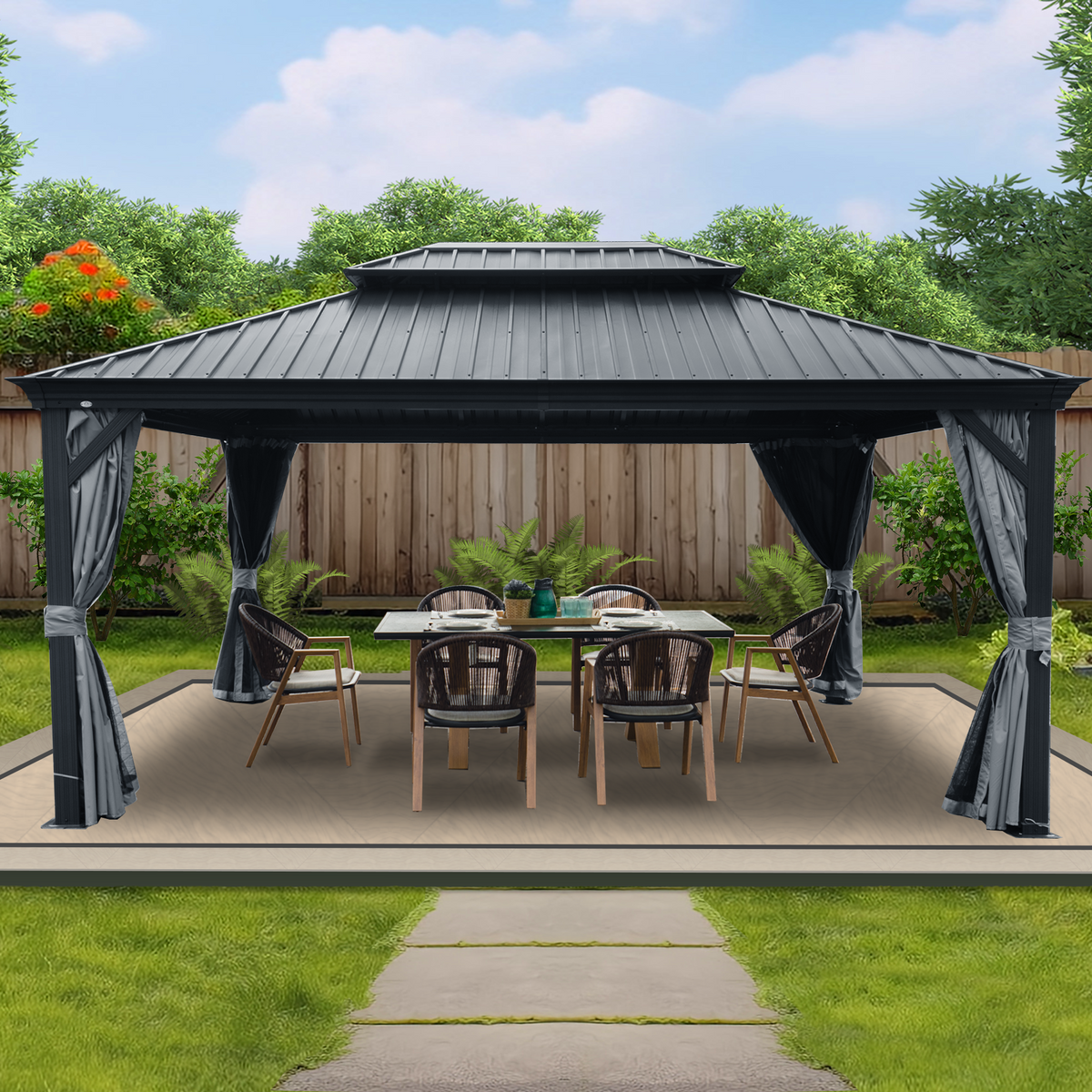Kozyard Alexander 12' x 16' – Pavillon à toit rigide avec structure en aluminium, double toit en acier galvanisé, rideaux et moustiquaires, gris
