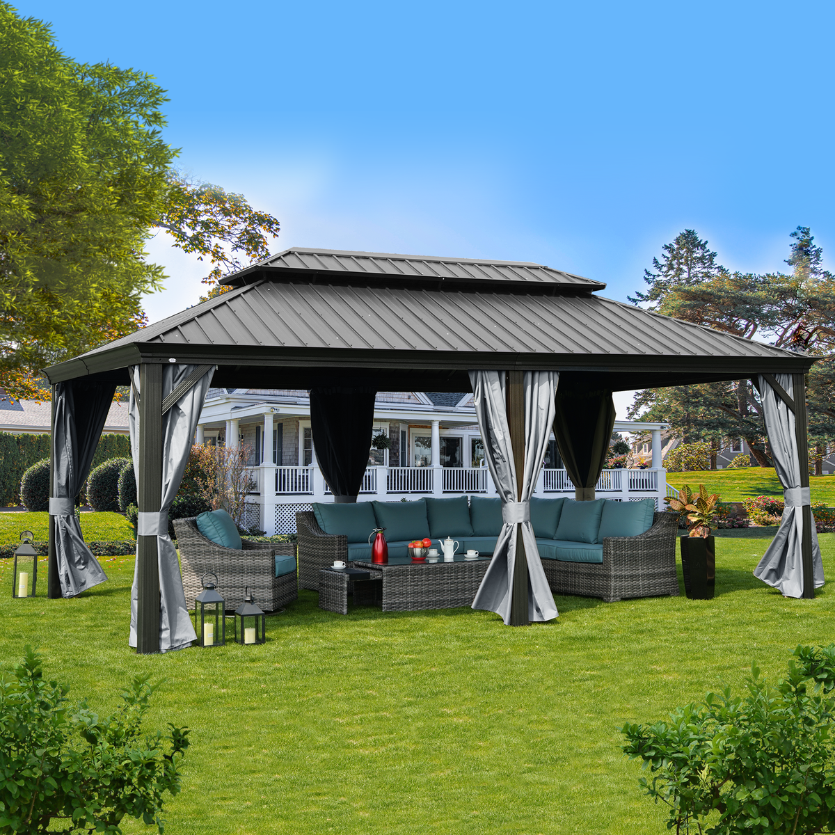 Kozyard Alexander 12' x 20' – Pavillon à toit rigide avec structure en aluminium, double toit en acier galvanisé, rideaux et moustiquaires, gris