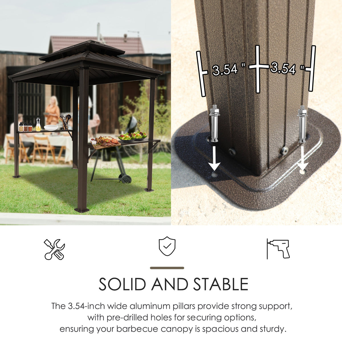 Kozyard 6' x 8' – Pavillon à toit rigide pour barbecue avec double toit en acier galvanisé, structure en aluminium et 2 tablettes latérales intégrées en acier