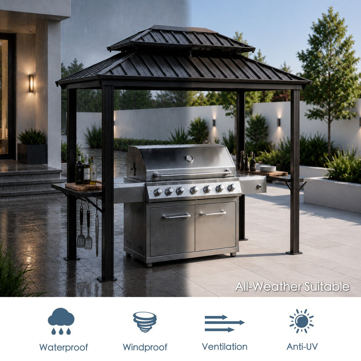 Kozyard 6' x 8' – Pavillon à toit rigide pour barbecue avec double toit en acier galvanisé, structure en aluminium et 2 tablettes latérales intégrées en acier