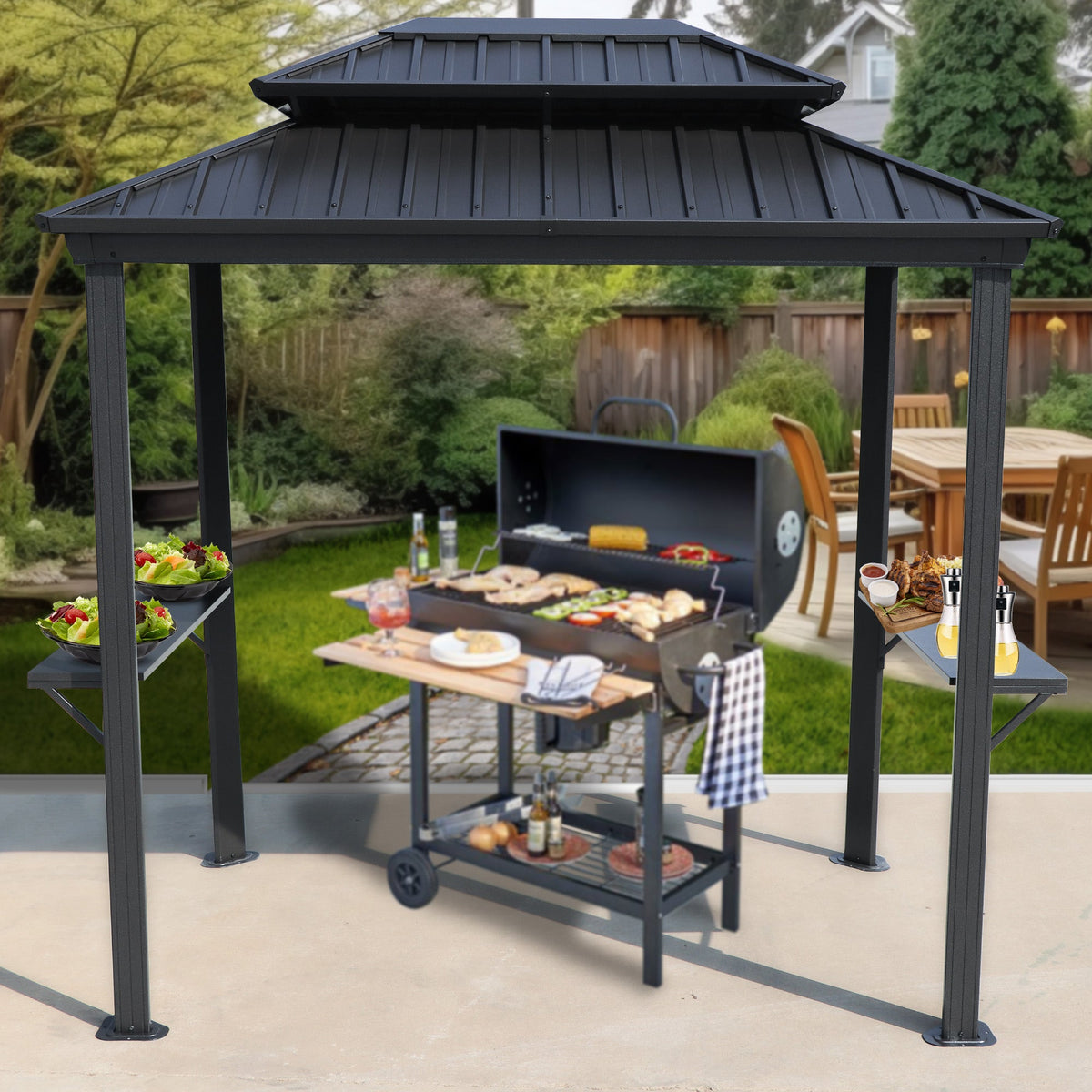 Kozyard 6' x 8' – Pavillon à toit rigide pour barbecue avec double toit en acier galvanisé, structure en aluminium et 2 tablettes latérales intégrées en acier