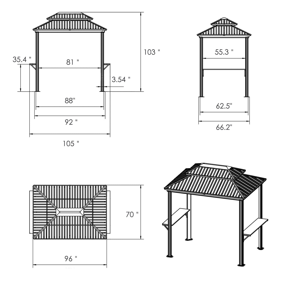 Kozyard 6' x 8' – Pavillon à toit rigide pour barbecue avec double toit en acier galvanisé, structure en aluminium et 2 tablettes latérales intégrées en acier