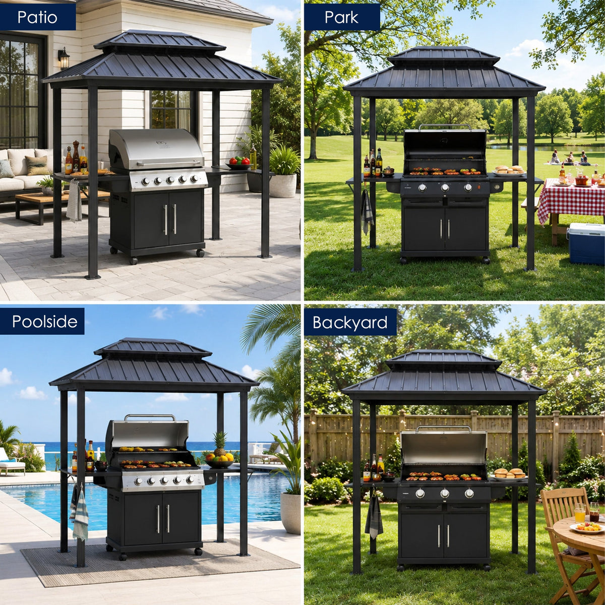 Kozyard 6' x 8' – Pavillon à toit rigide pour barbecue avec double toit en acier galvanisé, structure en aluminium et 2 tablettes latérales intégrées en acier