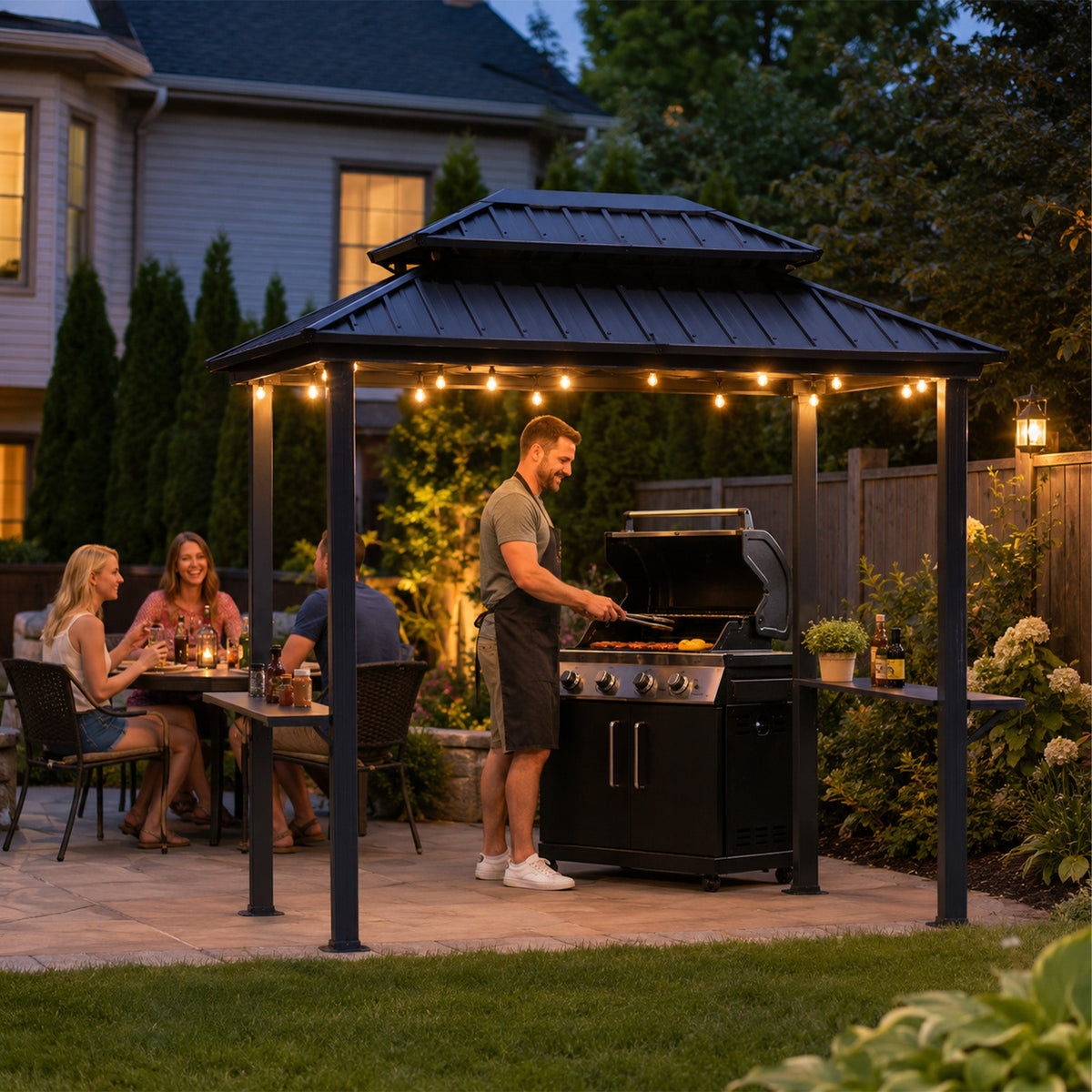 Kozyard 6' x 8' – Pavillon à toit rigide pour barbecue avec double toit en acier galvanisé, structure en aluminium et 2 tablettes latérales intégrées en acier