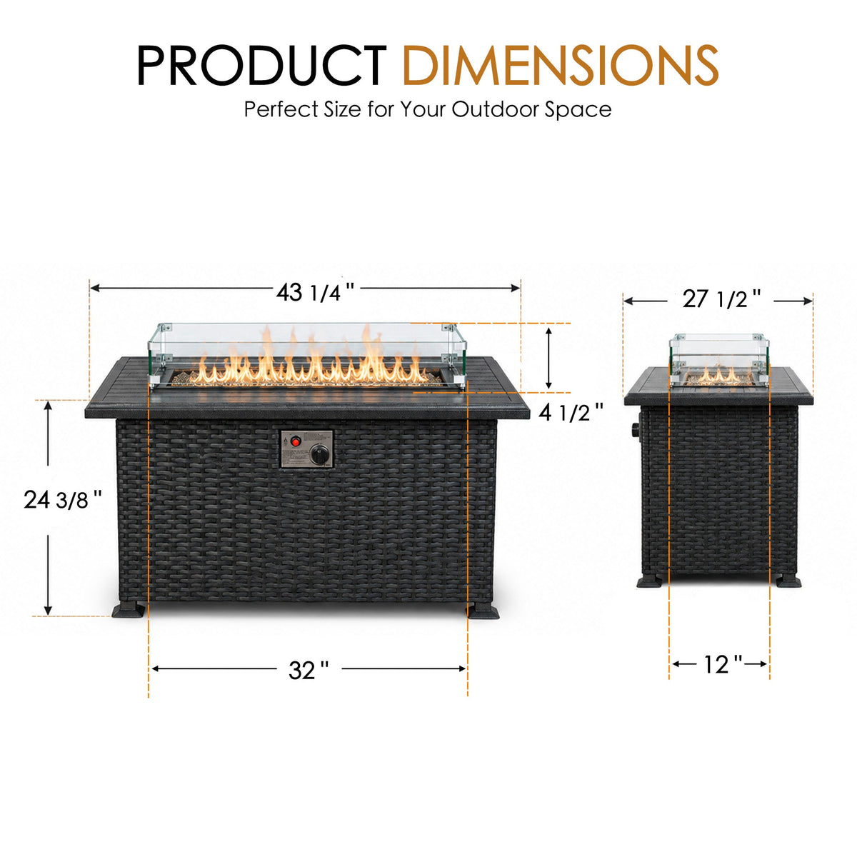 Kozyard – Table brasero de terrasse au propane 50,000 BTU, design en résine tressée, plateau en aluminium, pare-vent en verre, verre décoratif bleu et support coulissant pour bouteille