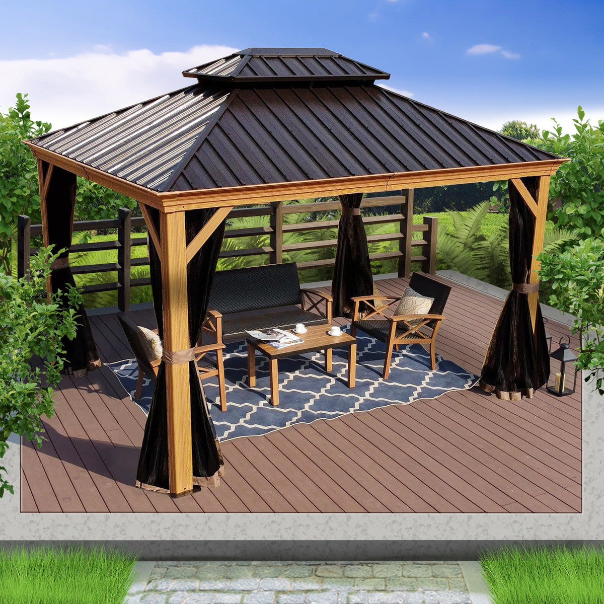Kozyard Apollo 10’x12’ – Pavillon à toit rigide, structure en aluminium finition bois, double toit en acier galvanisé et moustiquaires, pavillon métallique permanent pour terrasse, deck et pelouse