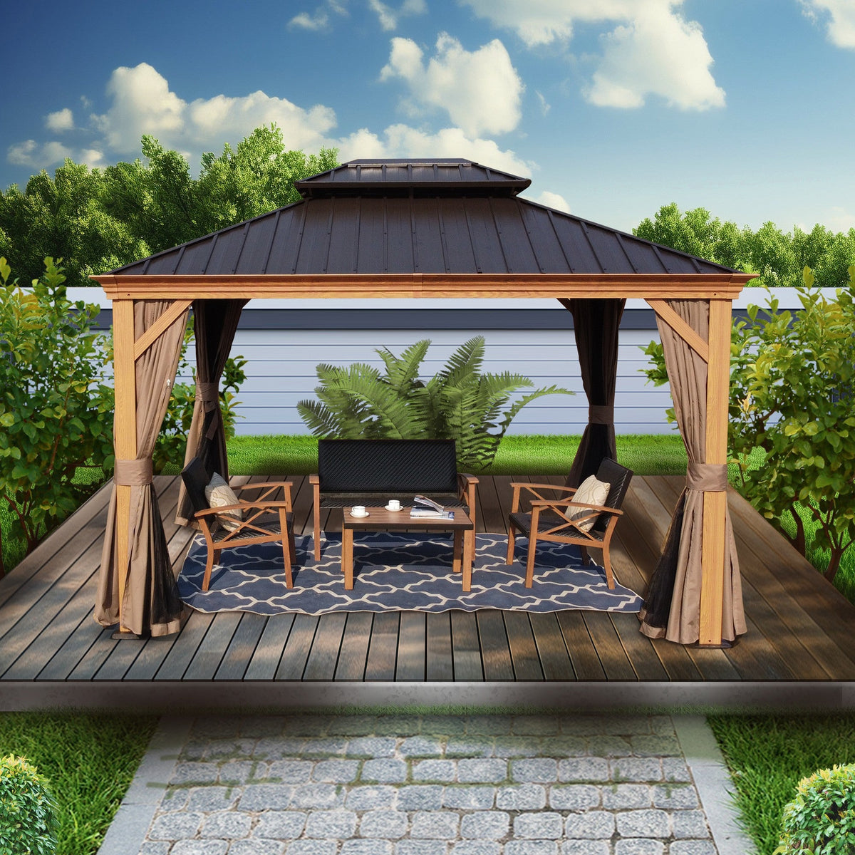 Kozyard Apollo 10’x12’ – Pavillon à toit rigide, structure en aluminium finition bois, double toit en acier galvanisé et moustiquaires, pavillon métallique permanent pour terrasse, deck et pelouse