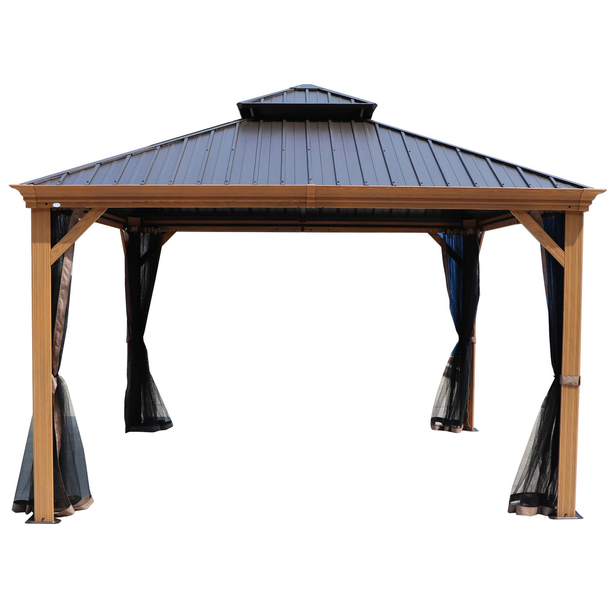 Kozyard Apollo 12’x12’ – Pavillon à toit rigide, structure en aluminium finition bois, double toit en acier galvanisé et moustiquaires, pavillon métallique permanent pour terrasse, deck et pelouse