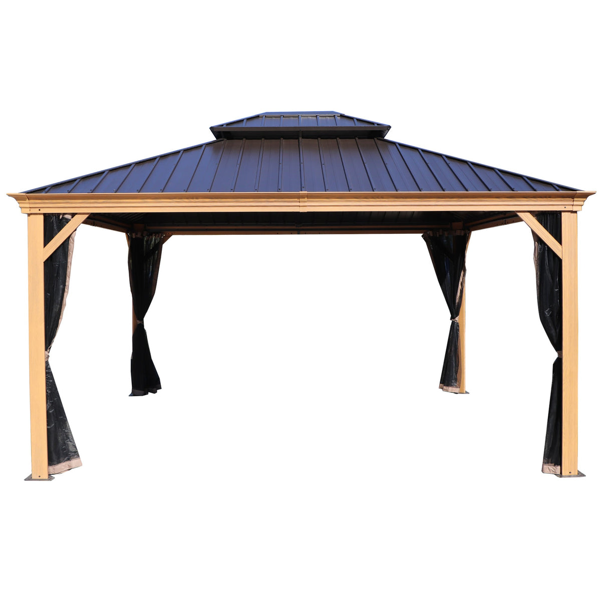 Kozyard Apollo 12’x14’ – Pavillon à toit rigide, structure en aluminium finition bois, double toit en acier galvanisé et moustiquaires, pavillon métallique permanent pour terrasse, deck et pelouse