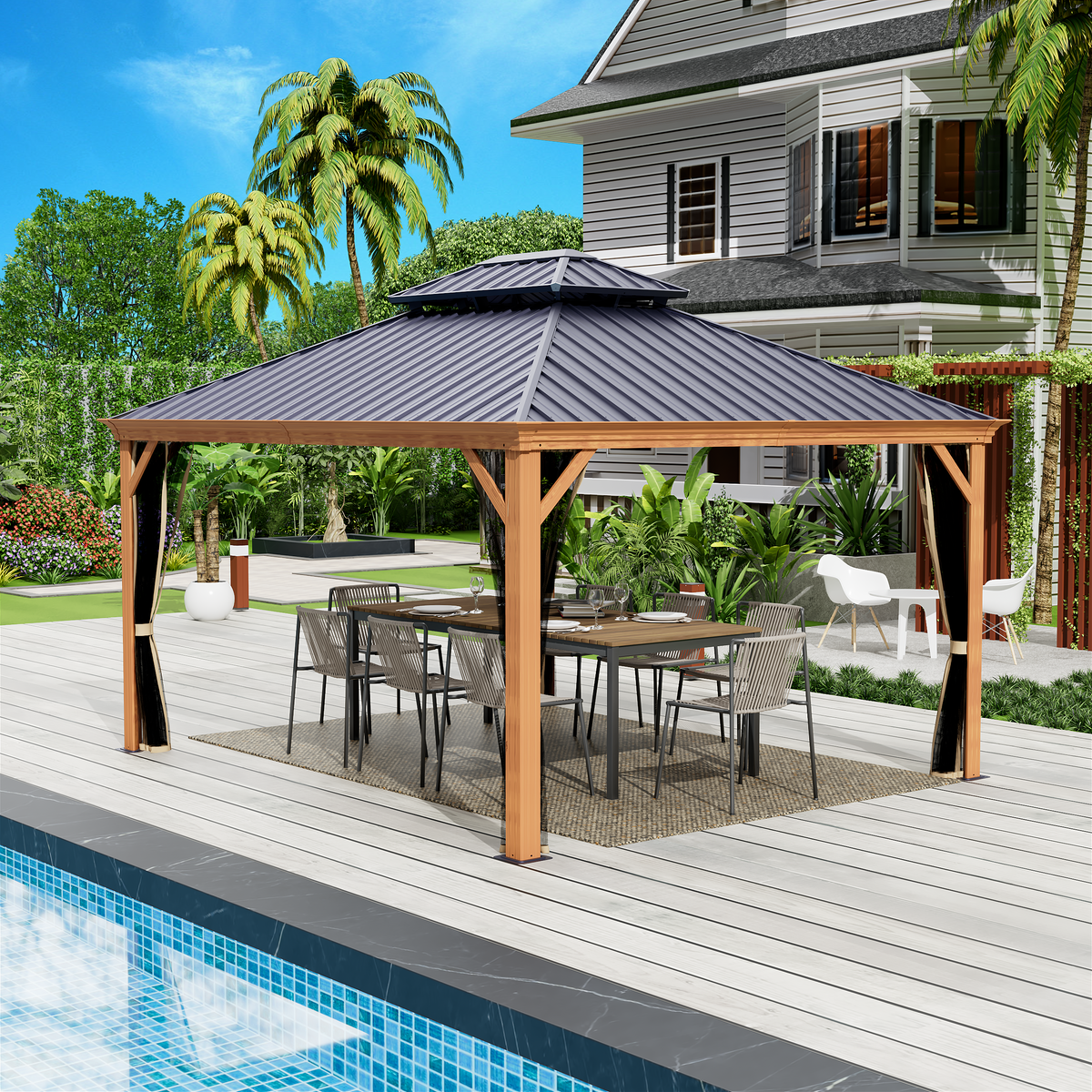 Kozyard Apollo 12’x14’ – Pavillon à toit rigide, structure en aluminium finition bois, double toit en acier galvanisé et moustiquaires, pavillon métallique permanent pour terrasse, deck et pelouse
