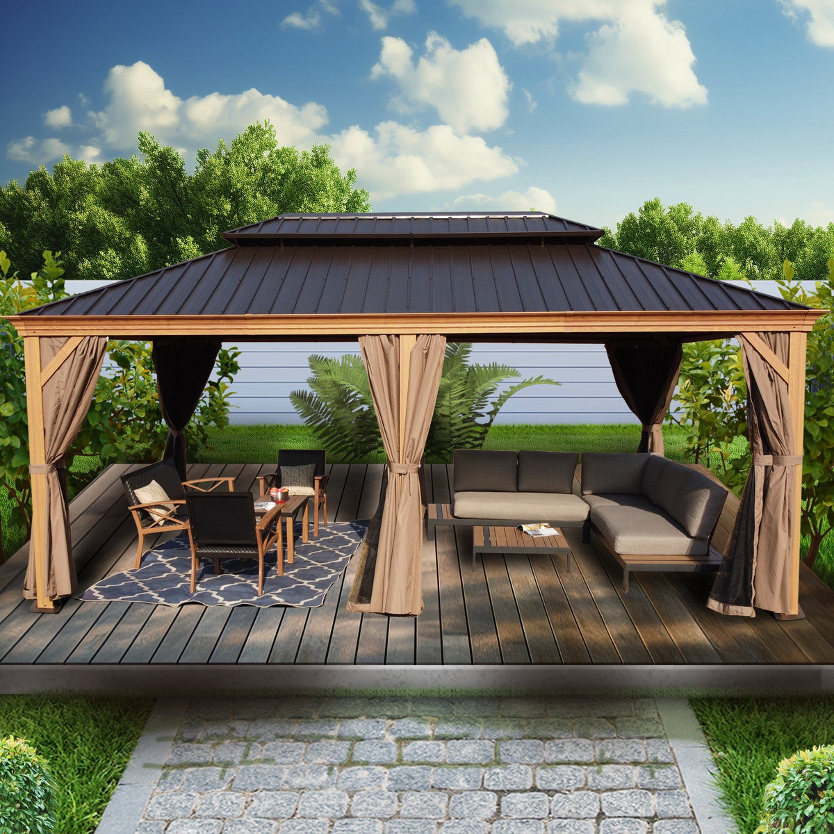 Kozyard Apollo 12’x20’ – Pavillon à toit rigide, structure en aluminium finition bois, double toit en acier galvanisé et moustiquaires, pavillon métallique permanent pour terrasse, deck et pelouse