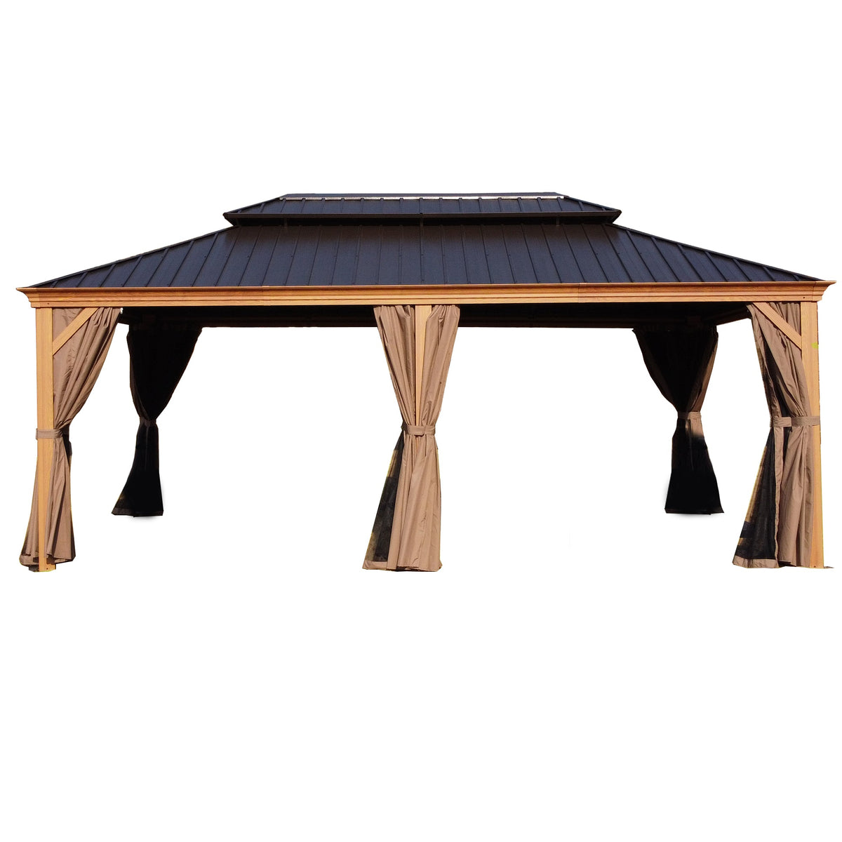 Kozyard Apollo 12’x20’ – Pavillon à toit rigide, structure en aluminium finition bois, double toit en acier galvanisé et moustiquaires, pavillon métallique permanent pour terrasse, deck et pelouse