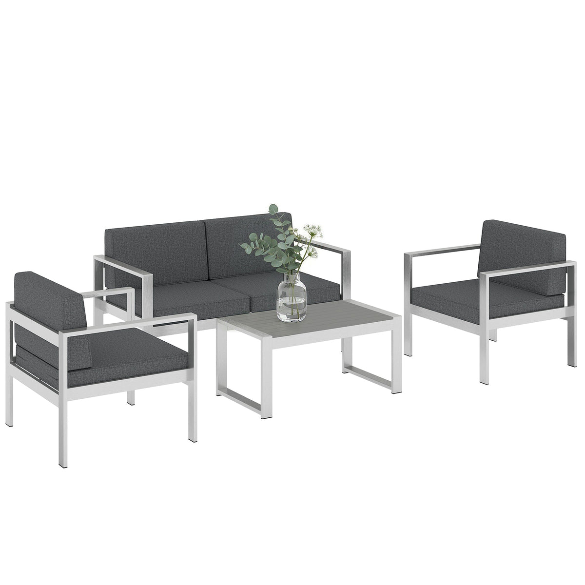 Ensemble canapé en aluminium 4 places avec table aspect bois et coussins en oléfine, gris foncé