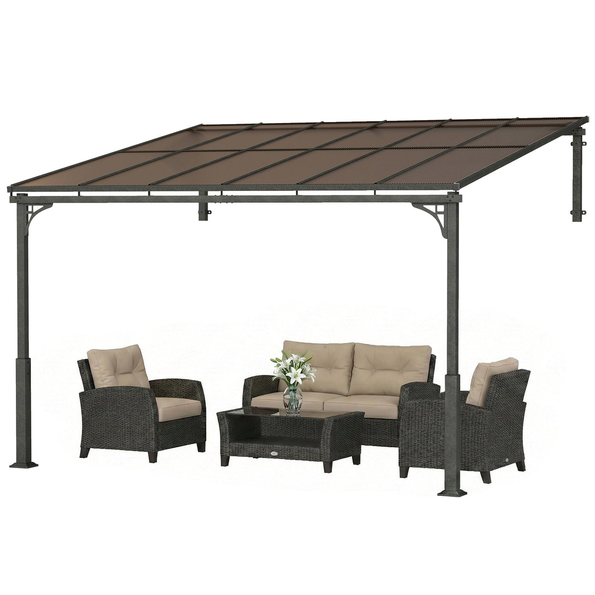 Pergola murale adossée 11' x 10' avec toit en polycarbonate, marron