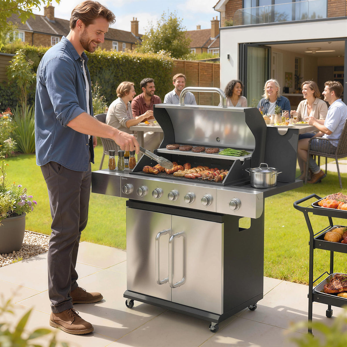 Barbecue au propane 6 brûleurs avec brûleur latéral, 63,000 BTU, grille de maintien au chaud et meuble