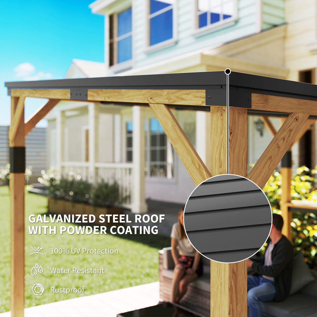 PerArbor 10' x 14' – Pavillon adossé en bois avec toit incliné en acier galvanisé et tablette de bar