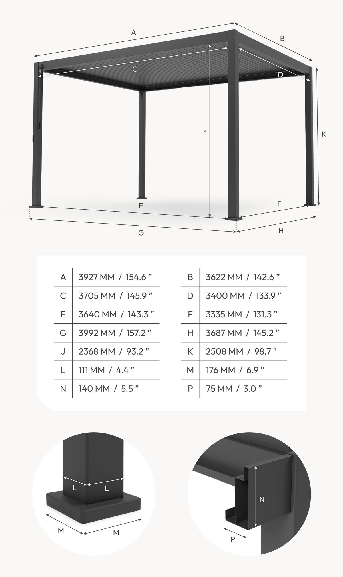 NOVA TITAN – Pergola rectangulaire 4m x 3.6m – Pebble (modèle 2026)