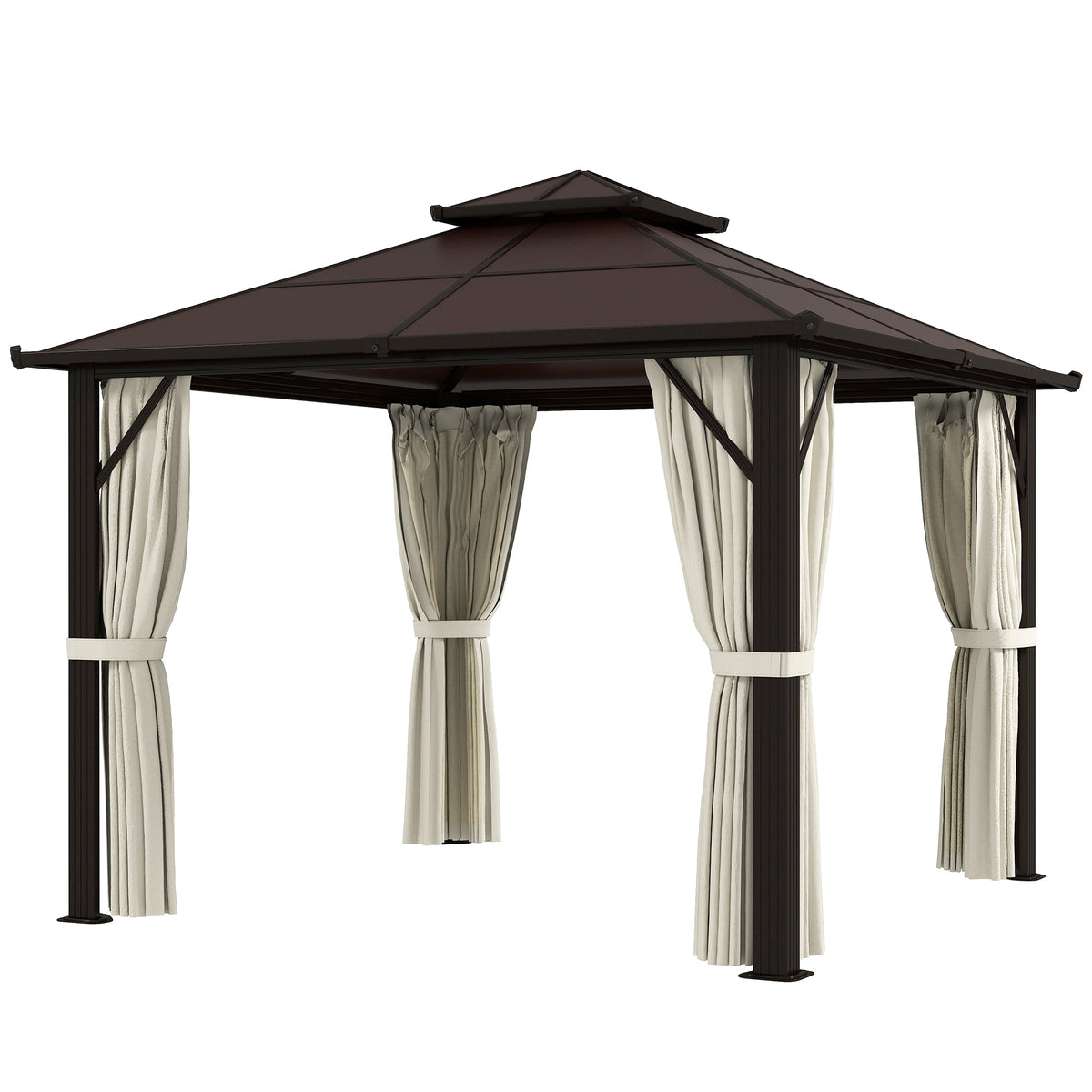 Pavillon à toit rigide 3 x 3m avec double toit en polycarbonate, rideaux et moustiquaires, beige