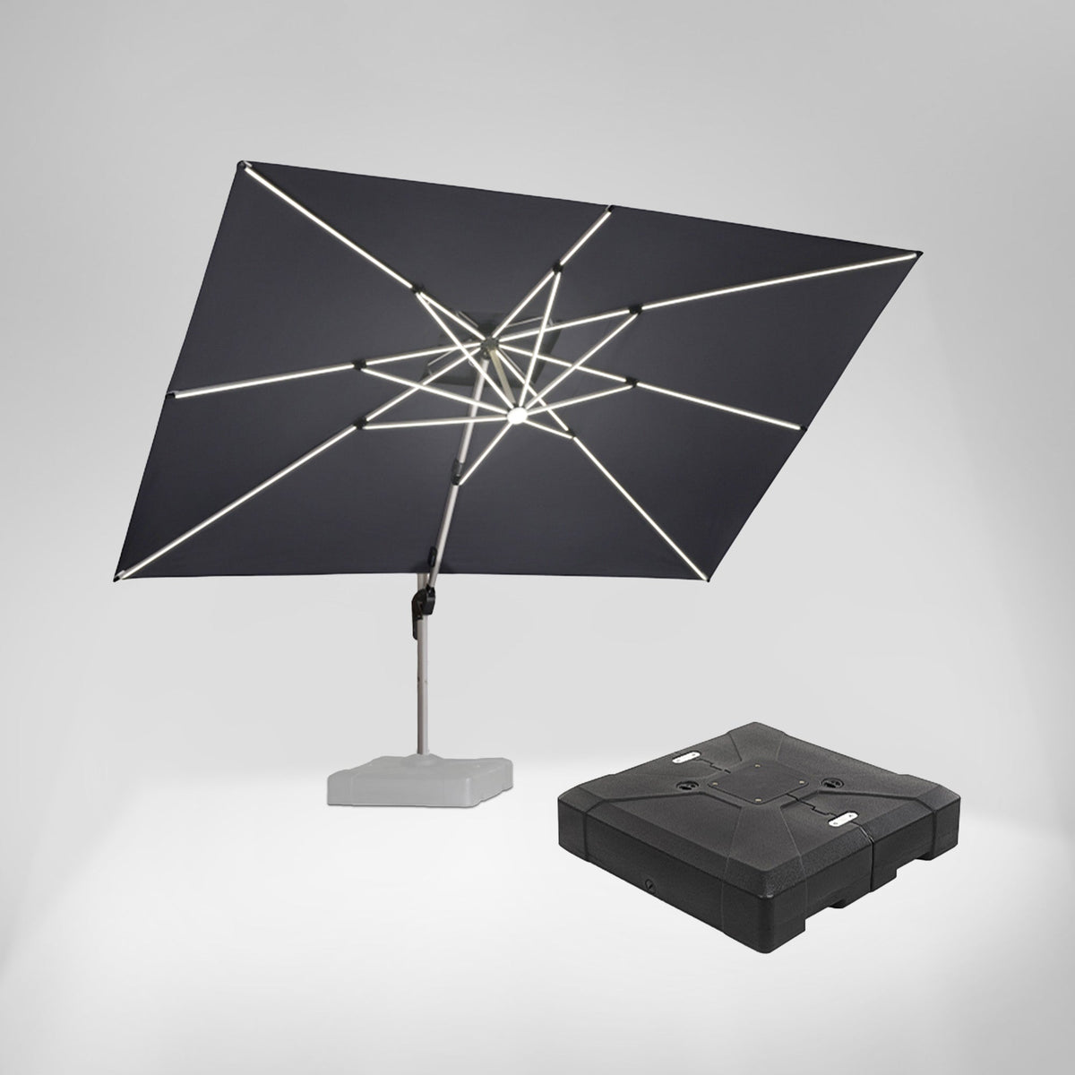 PURPLE LEAF – Parasol déporté rectangulaire avec base et éclairage pour extérieur
